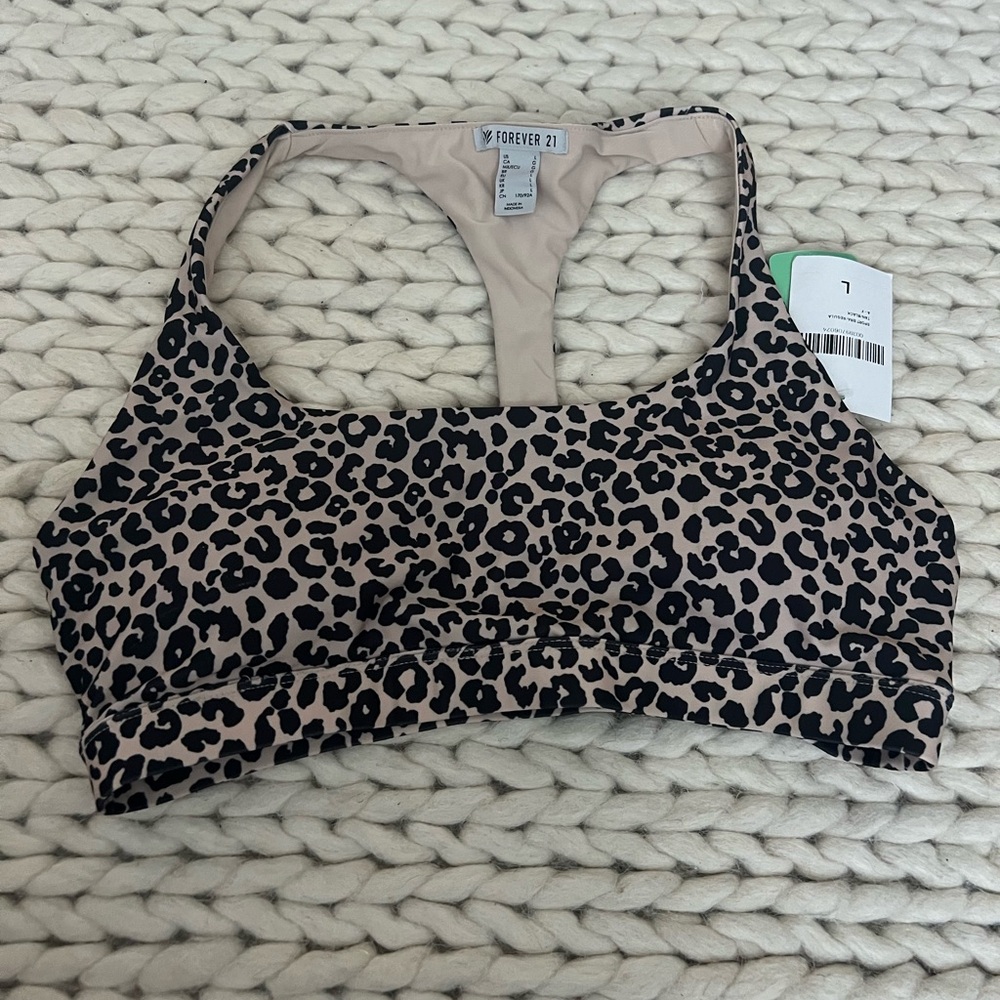 Forever 21 Leopard-Print Racerback Sports Bra - Beige & Black
